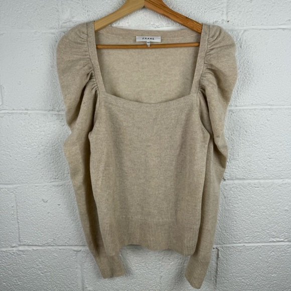 FRAME Oatmeal Heather Cashmere Puff Sleeve Sweater | Size M - Picture 2 of 7